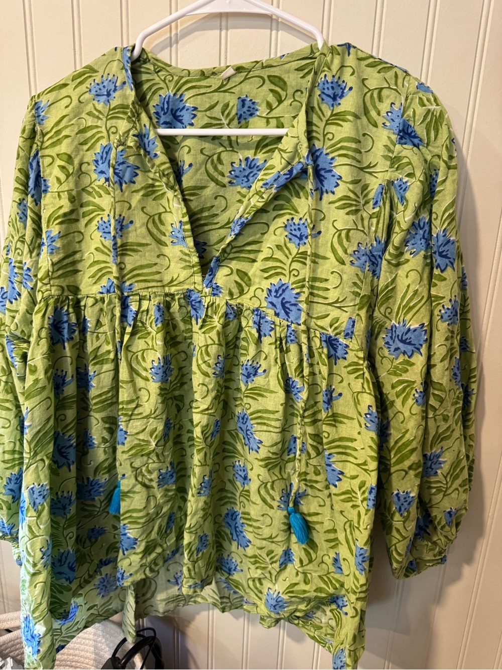 Green Floral Tunic Top with Blue Blooms